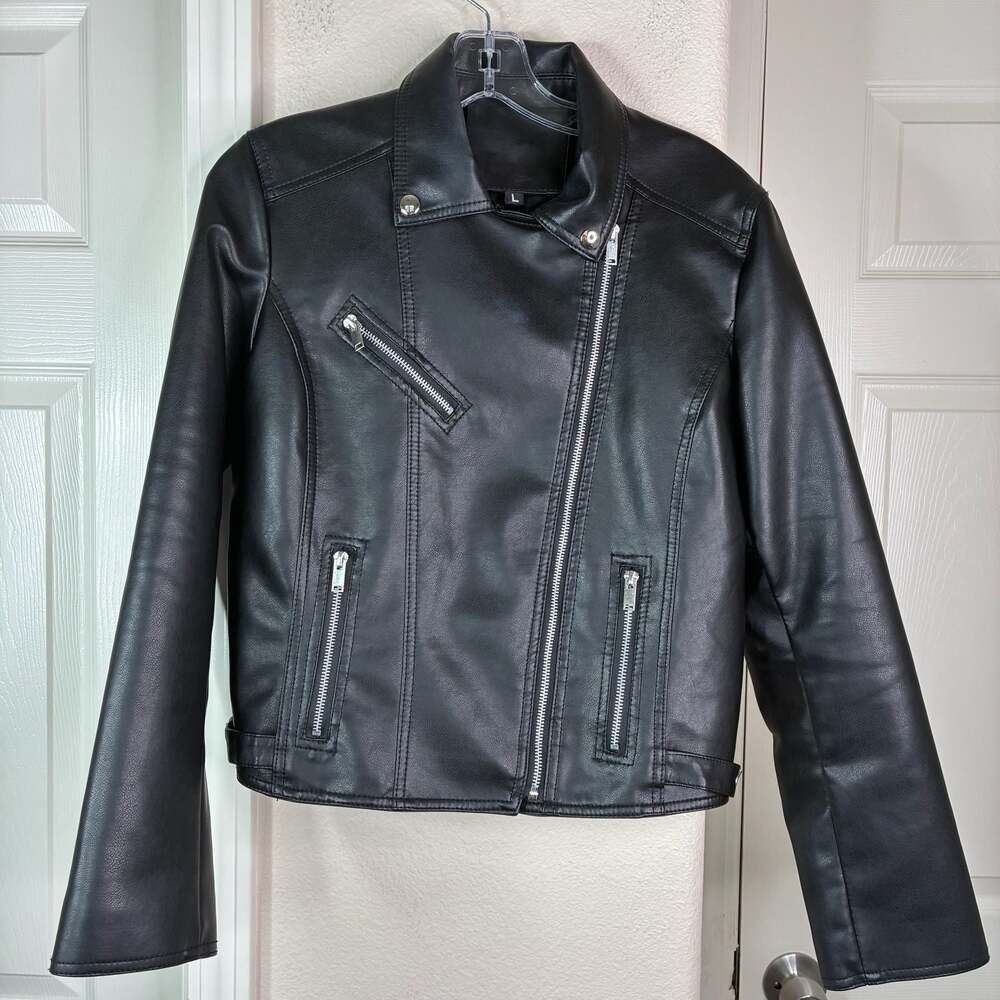 SHEIN Black Faux Leather Cropped Moto Biker Jacket Size Large